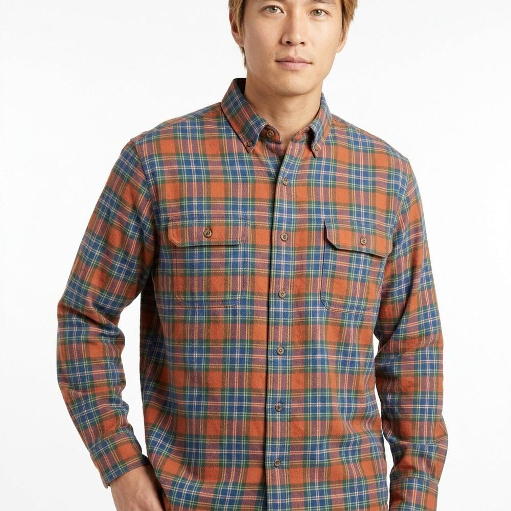 L.L.Bean Orange Plaid Button-Up Shirt Men Size L